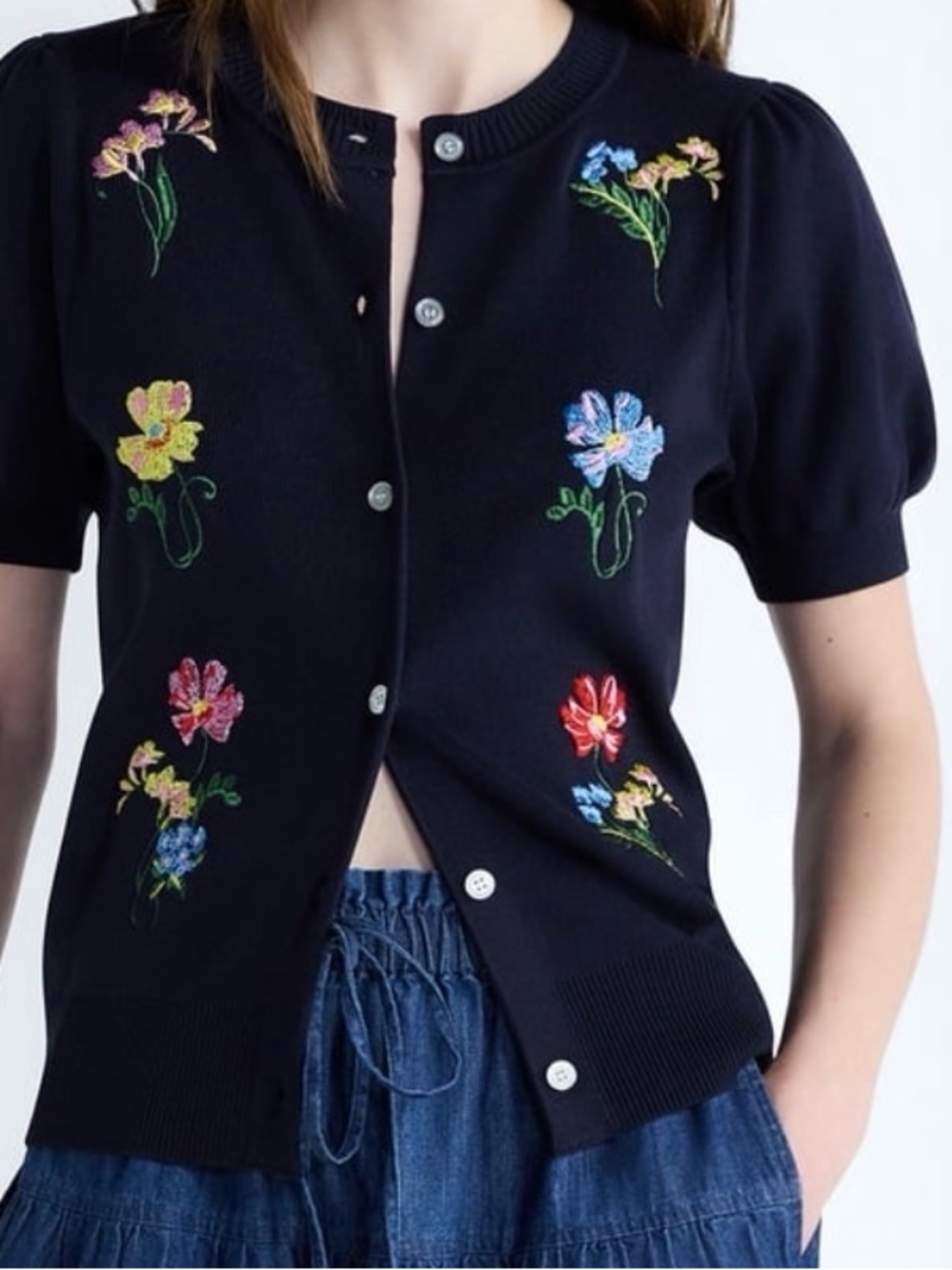 Free Assembly Women’s Navy Embroidered Cardigan Sweater With Puff Sleeves - Picture 3 of 4